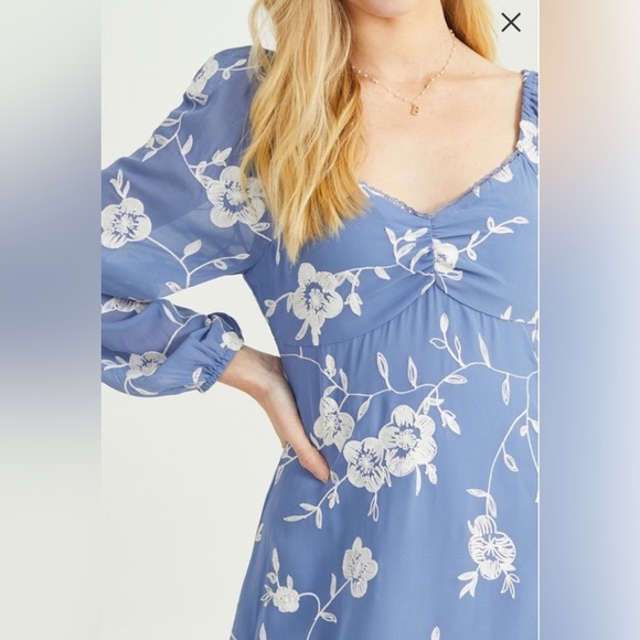 Altar’d State Freya Long Sleeve Embroidered Blue, White Floral Dress, Sz Medium - Picture 4 of 13